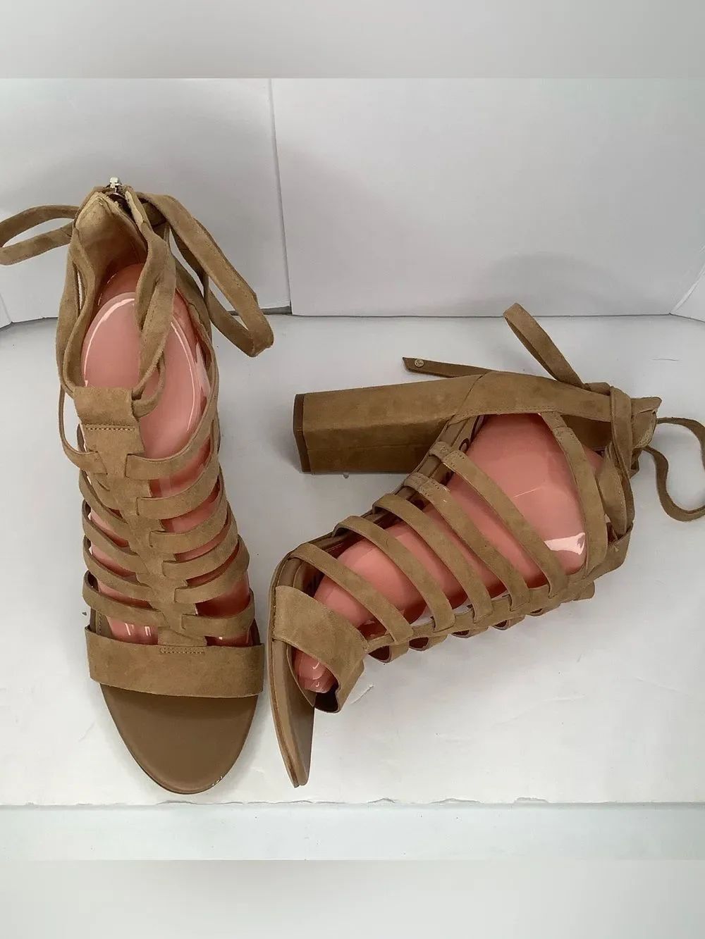 New Sam Edelman Yarina Camel Suede Block Heel Women Sandals Sz 11M Boho Resort